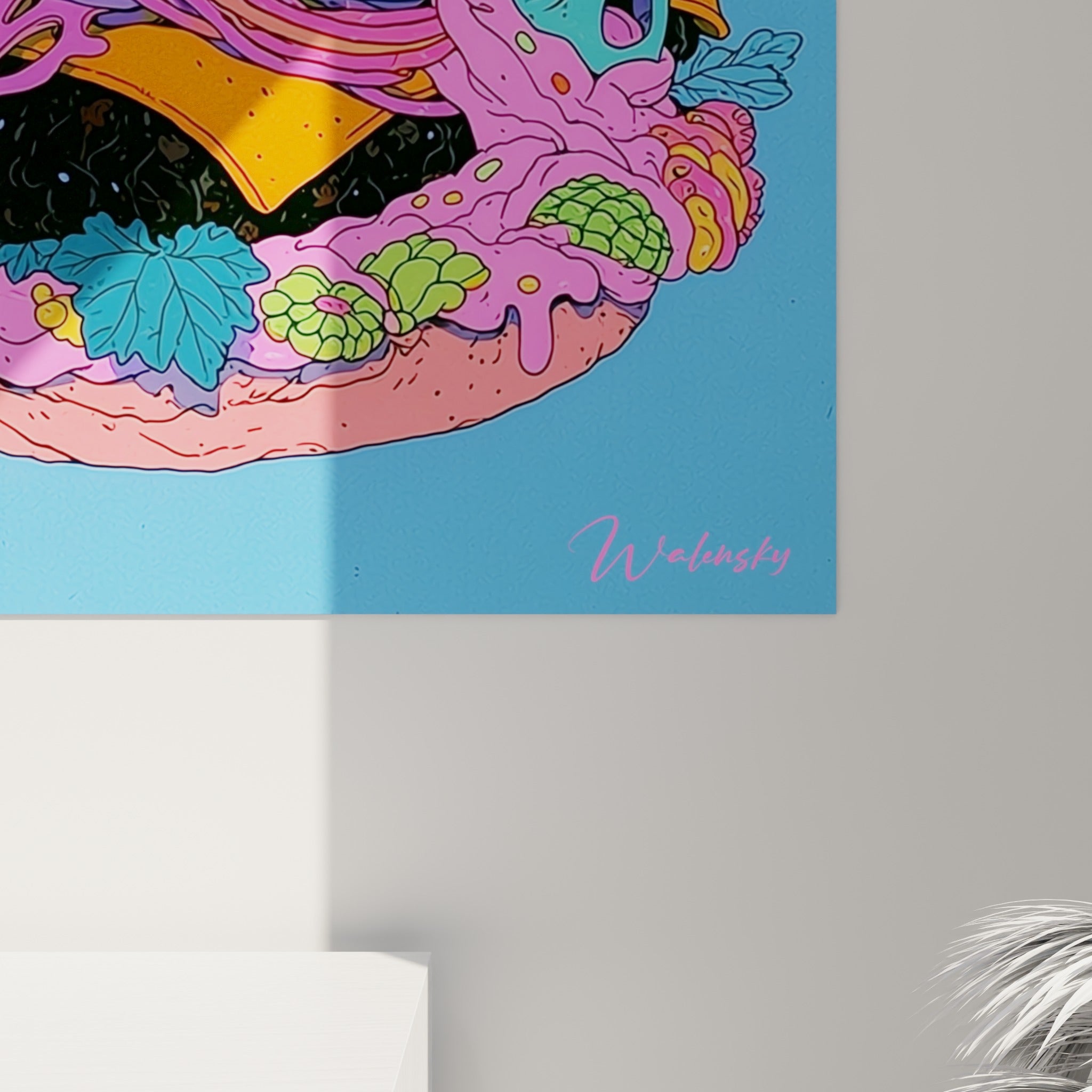 Détail des coulures fuchsia et du grain anthracite sur ce tableau burger vu de près