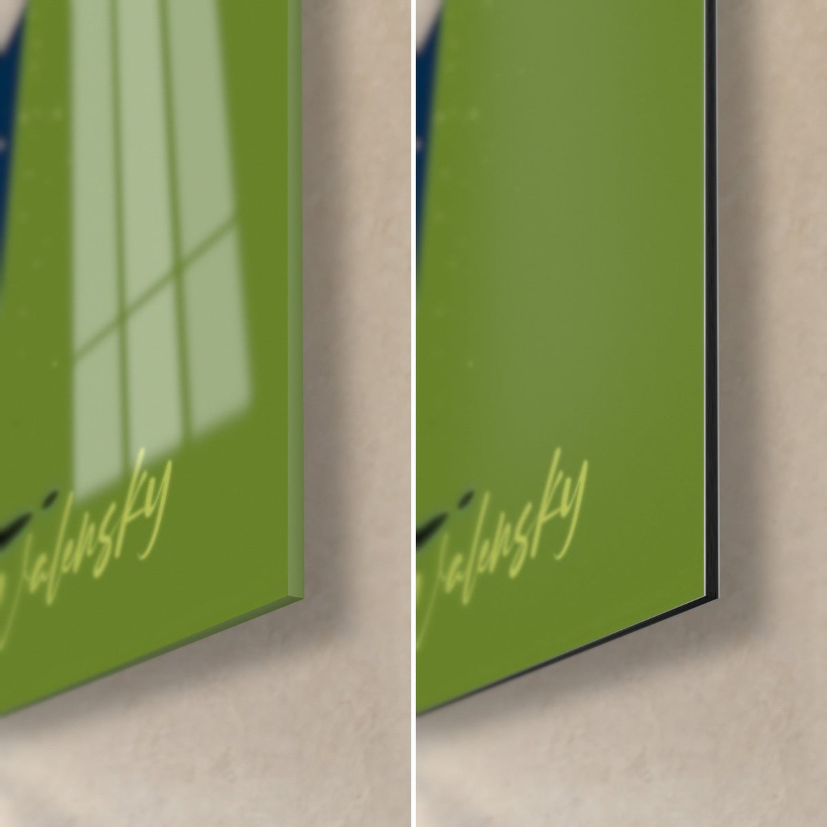 Quadro burger pop art, firma Walensky su fondo verde oliva, bordo nero da 3 mm, vetro acrilico lucido e alluminio Dibond opaco