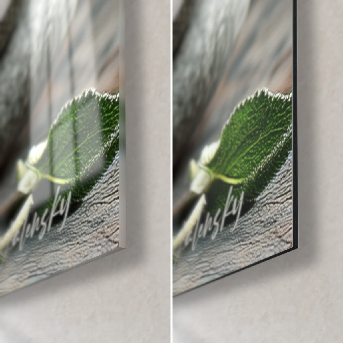 Quadro hamburger su pietra, foglia di menta verde e sfondo grigio antracite, vetro lucido e Dibond opaco nell'angolo in basso a destra