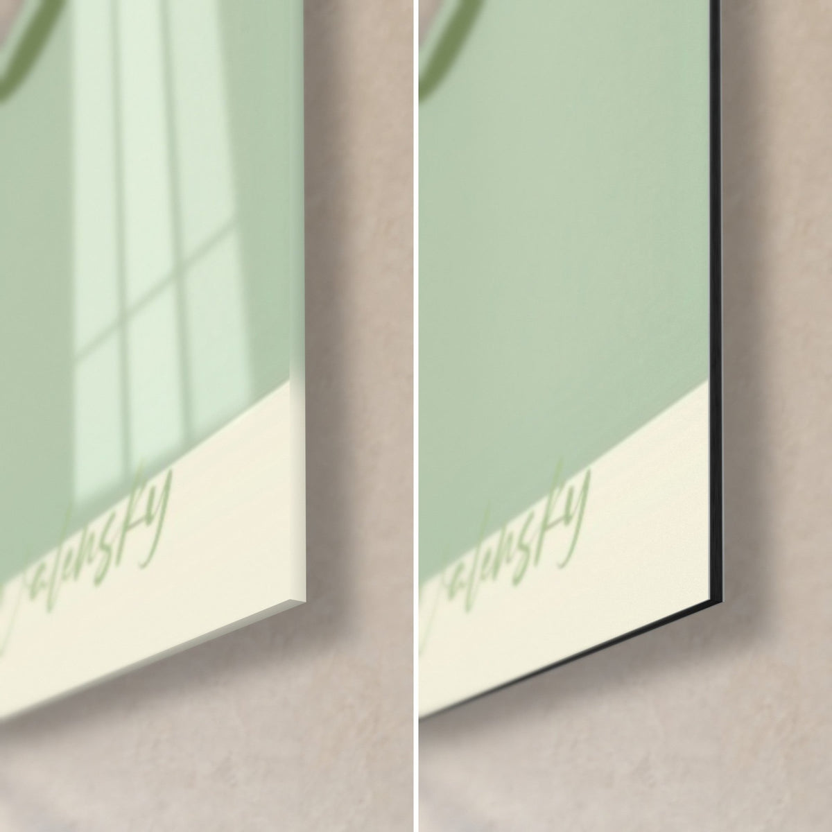 Quadro Hamburger stilizzato, angolo in basso a destra: vetro lucido a sinistra, Dibond nero opaco a destra, sfondo verde salvia e firma Walensky