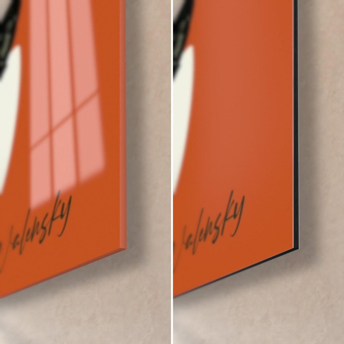 Tableau hamburger stylisé, coin bas droit orange et signature Walensky : verre acrylique brillant à gauche, Dibond mat à droite