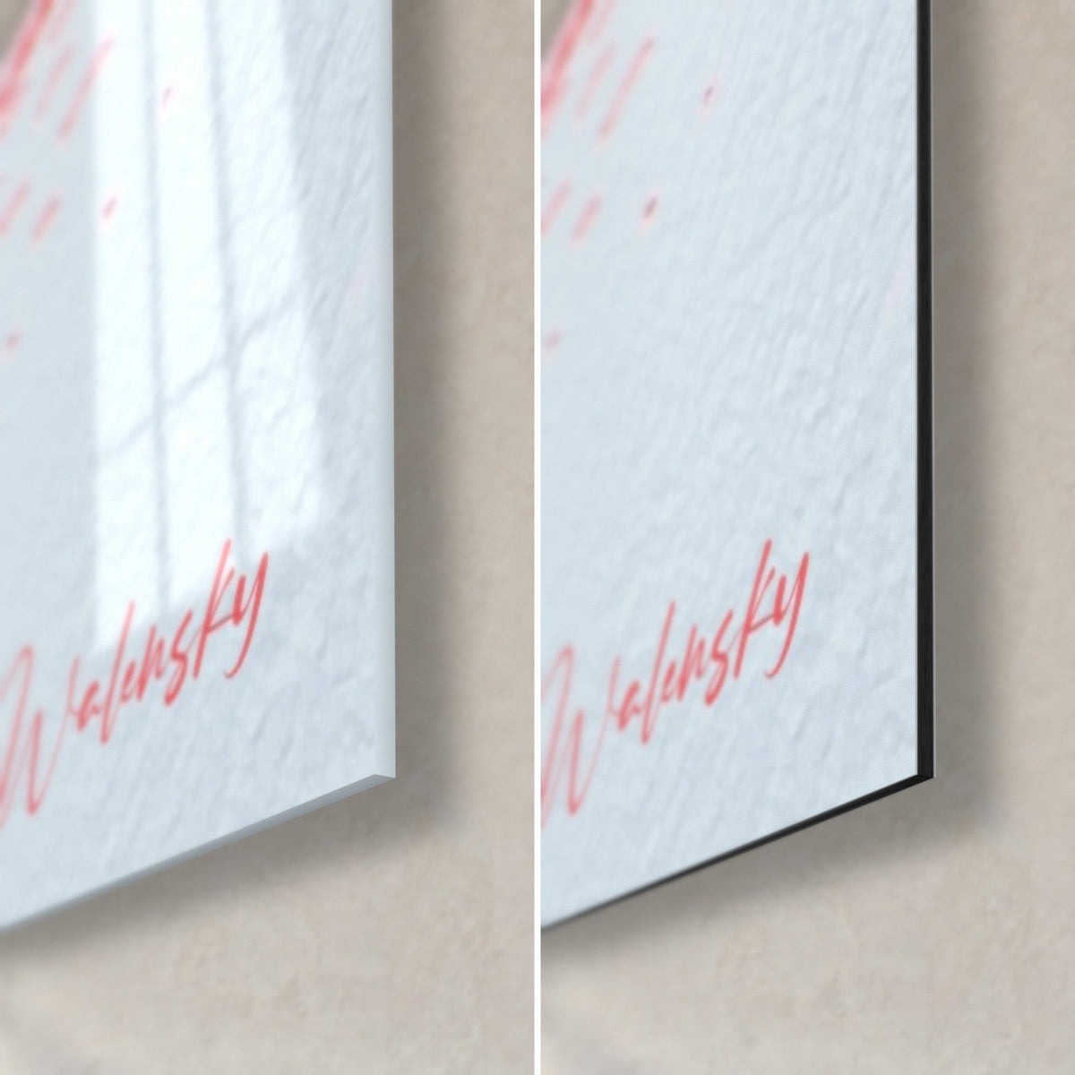 Tableau burger au trait rouge et blanc, coin bas droit : verre acrylique brillant à gauche, alu Dibond noir mat à droite, signature Walensky