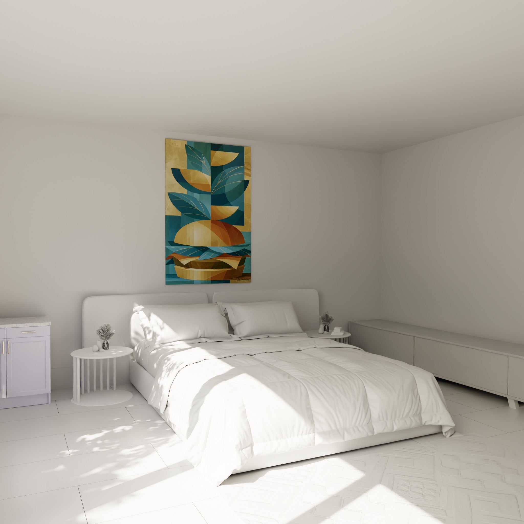Sandwich stylisé en dôme doré et bleu pétrole, accroché au-dessus d'un lit dans une chambre claire