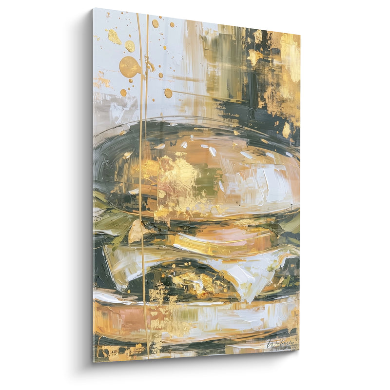 Tableau Burger doré et gris aux coulures verticales - Fond gris perle - Edition Burger