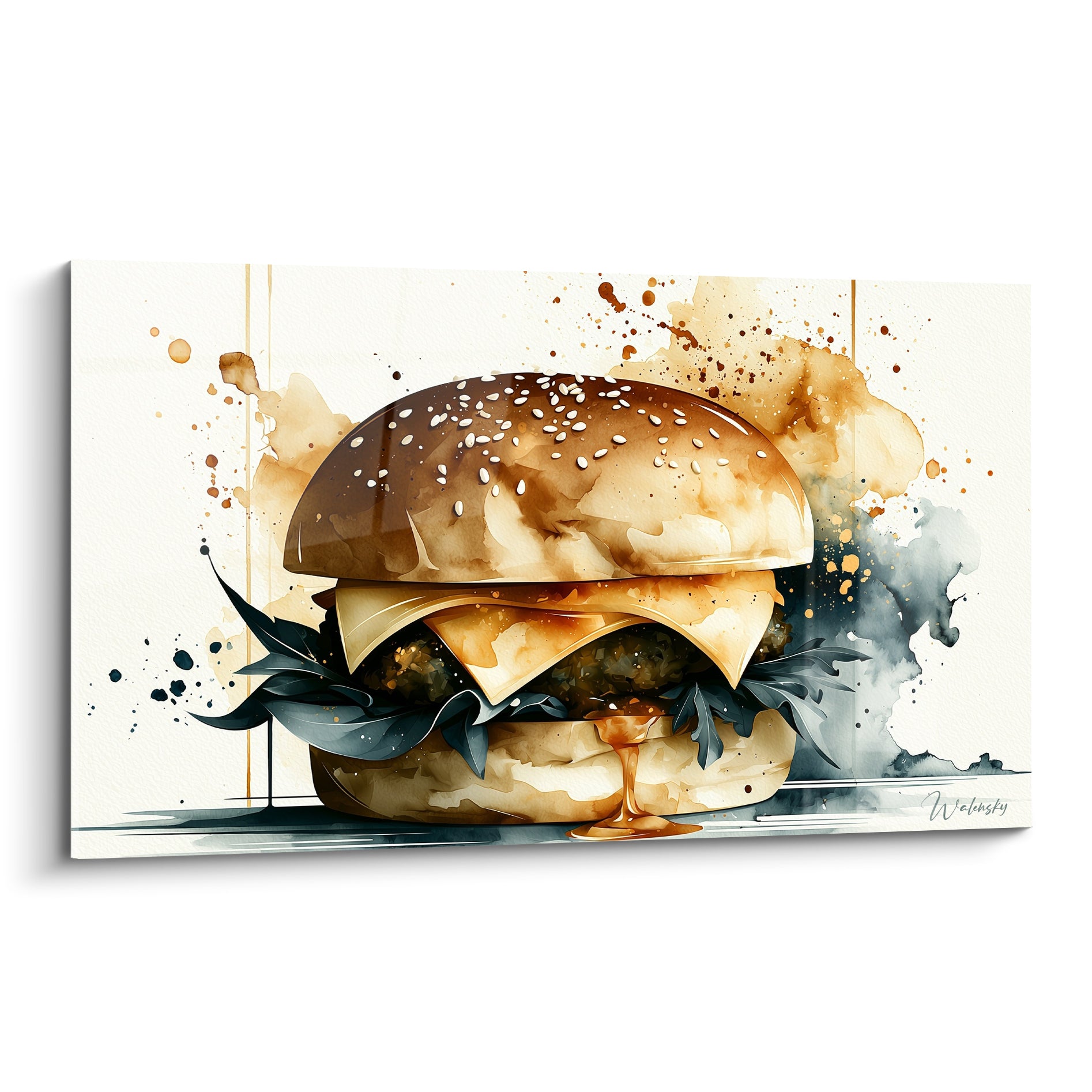 Burger doré et anthracite peint en aquarelle avec sauce coulante et feuilles sombres