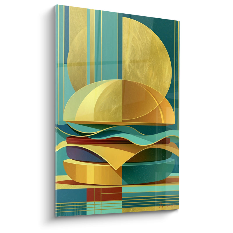 Tableau Burger doré et sarcelle aux rayures géométriques - Soleil doré vertical - Edition Burger