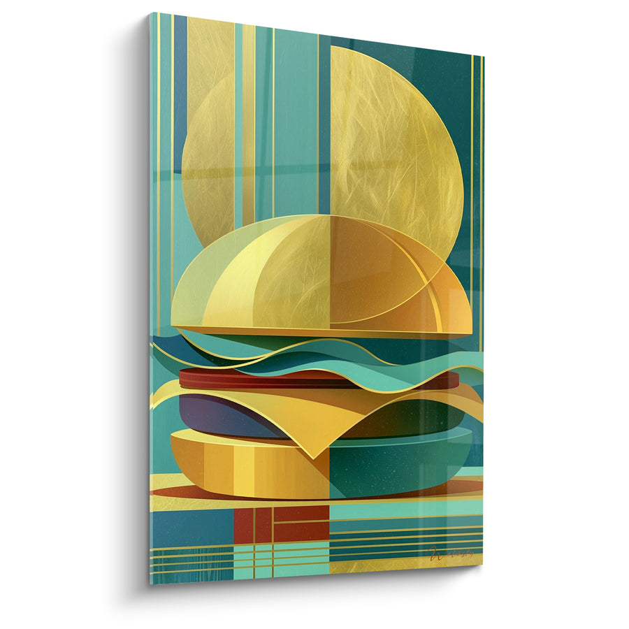 Tableau Burger doré et sarcelle aux rayures géométriques - Soleil doré vertical - Edition Burger