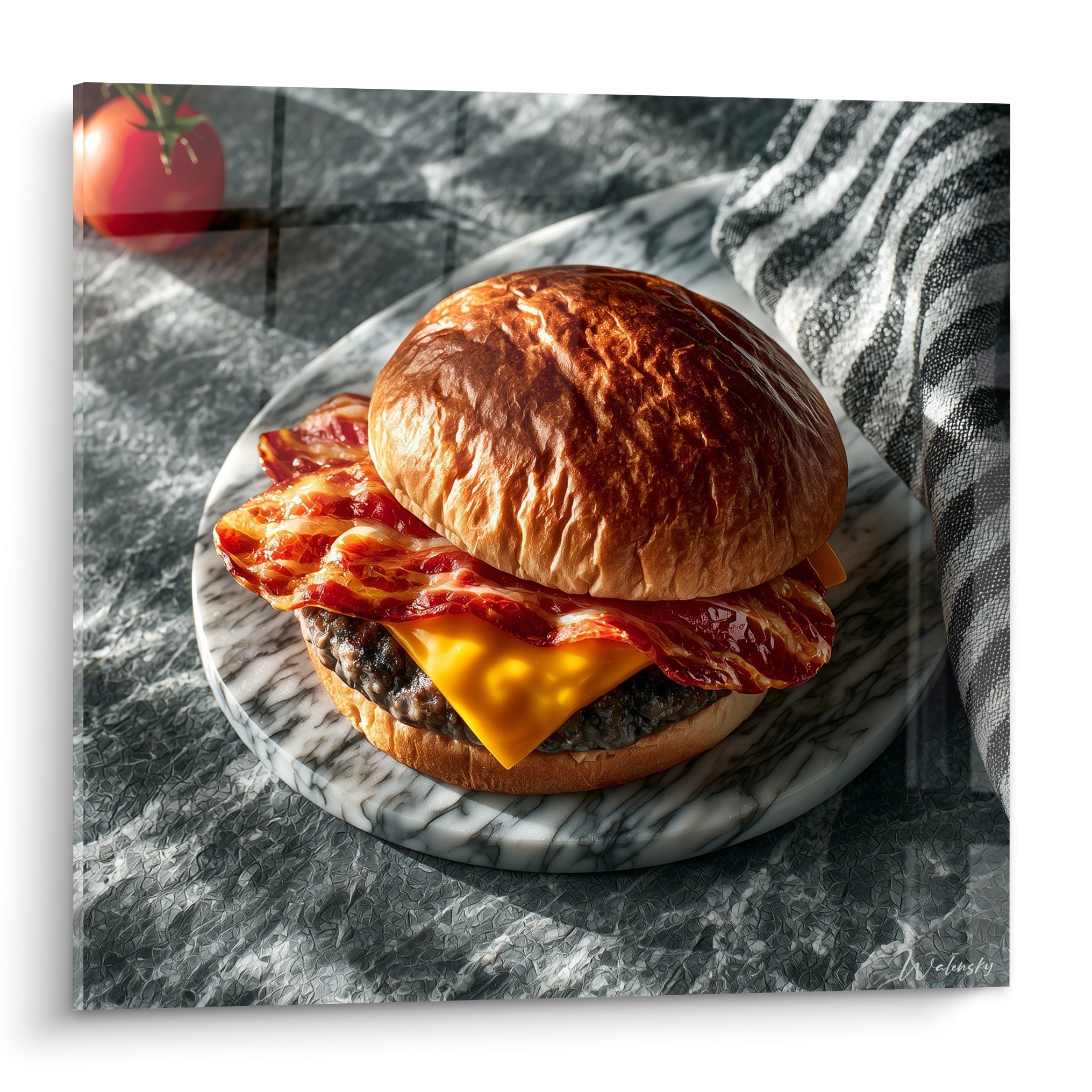 Burger doré au bacon croustillant et cheddar fondu, posé sur marbre gris veiné