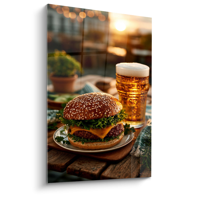 Tableau Burger doré et bière ambrée au coucher de soleil - Instant terrasse doré - Edition Burger