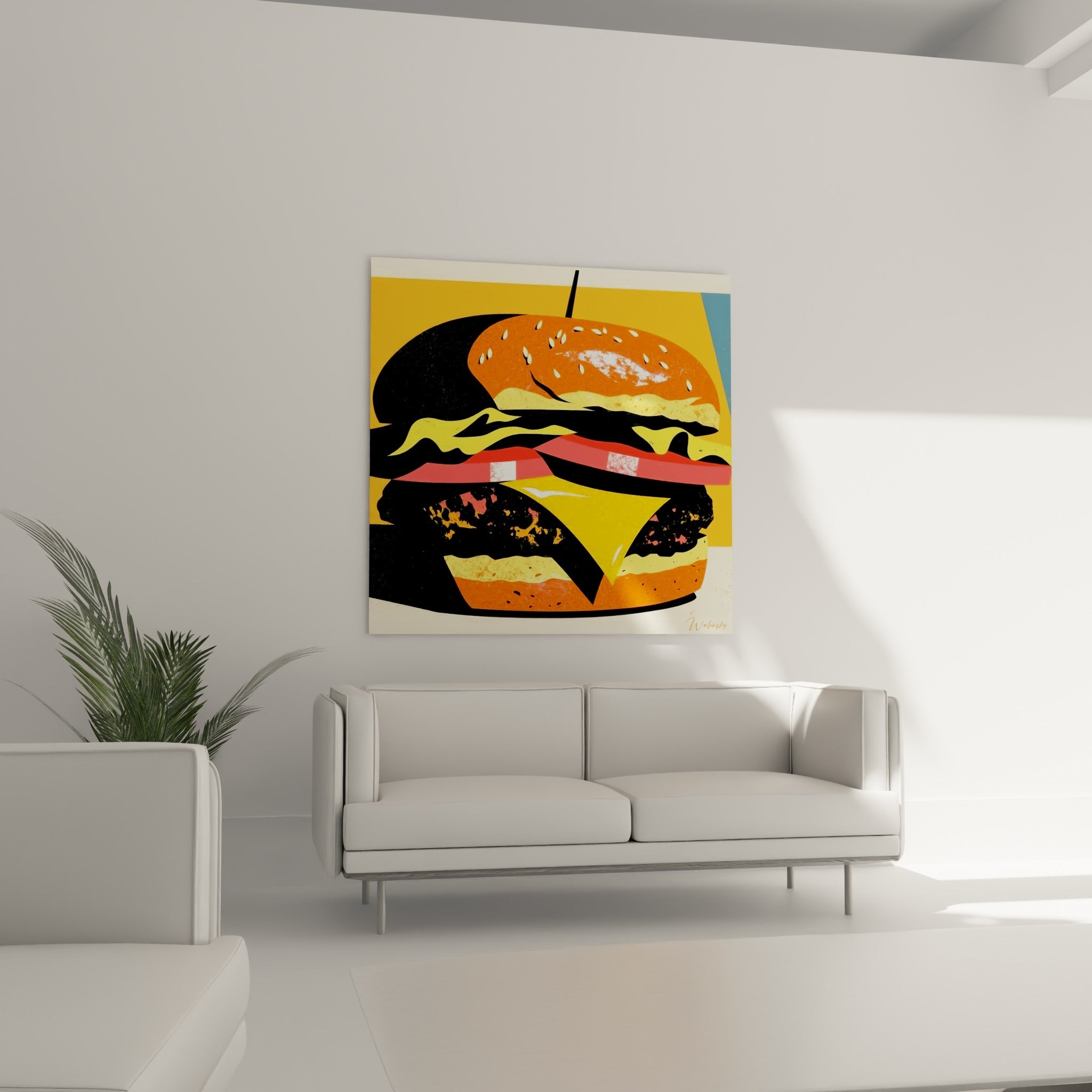 Composition burger noir et doré aux formes découpées, au-dessus d'un canapé dans un salon lumineux