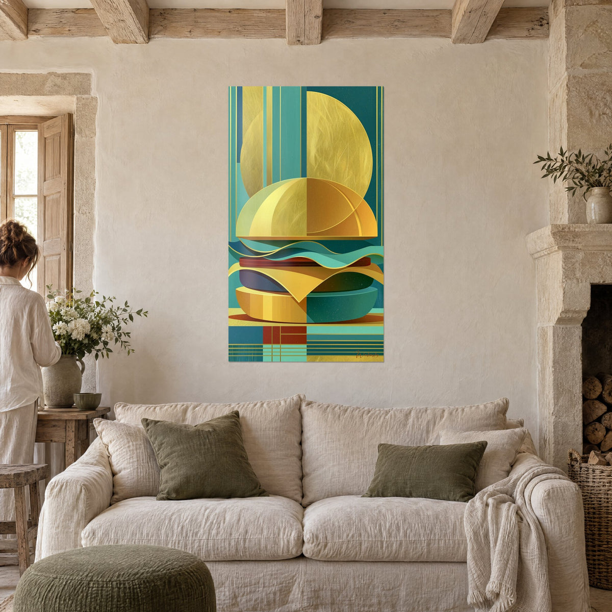 Quadro hamburger stilizzato con panini dorati e onde verde petrolio, sole giallo dietro, sopra un divano in un soggiorno luminoso