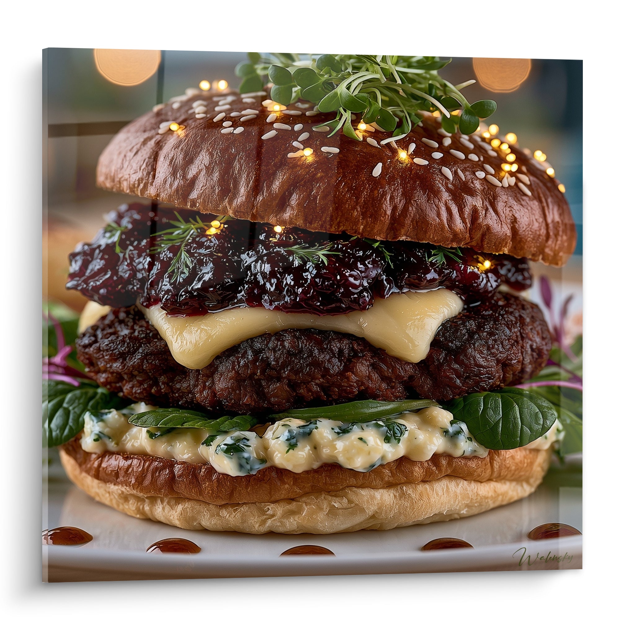 Burger gastronomique aux tons bruns dorés et pourpres, garni de confiture de mûres et fromage fondant.