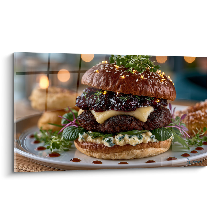 Tableau Burger brun et pourpre à la confiture de mûres illuminée - Gouttes de sauce sur assiette - Edition Burger