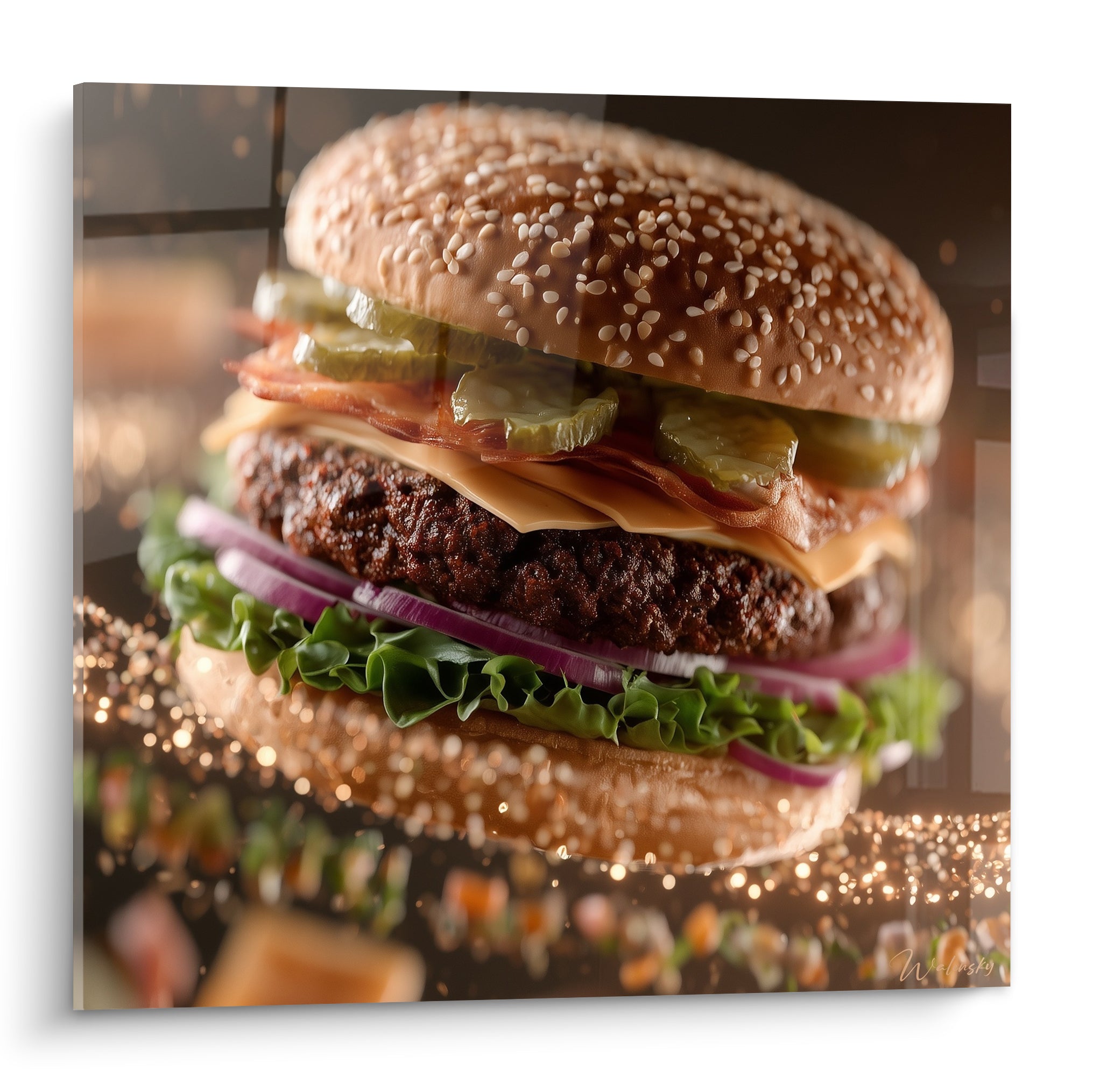 Burger doré et croustillant aux cornichons verts et oignon rouge, empâtements riches et lumineux