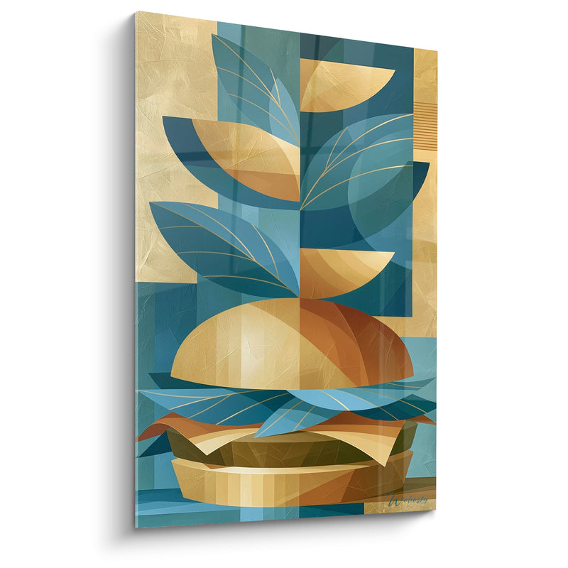 Tableau Burger doré et bleu pétrole aux feuilles stylisées - Composition géométrique art déco - Edition Burger