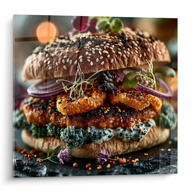 Tableau Burger brun et blanc aux fleurs comestibles - Éclats de piment séché - Edition Burger