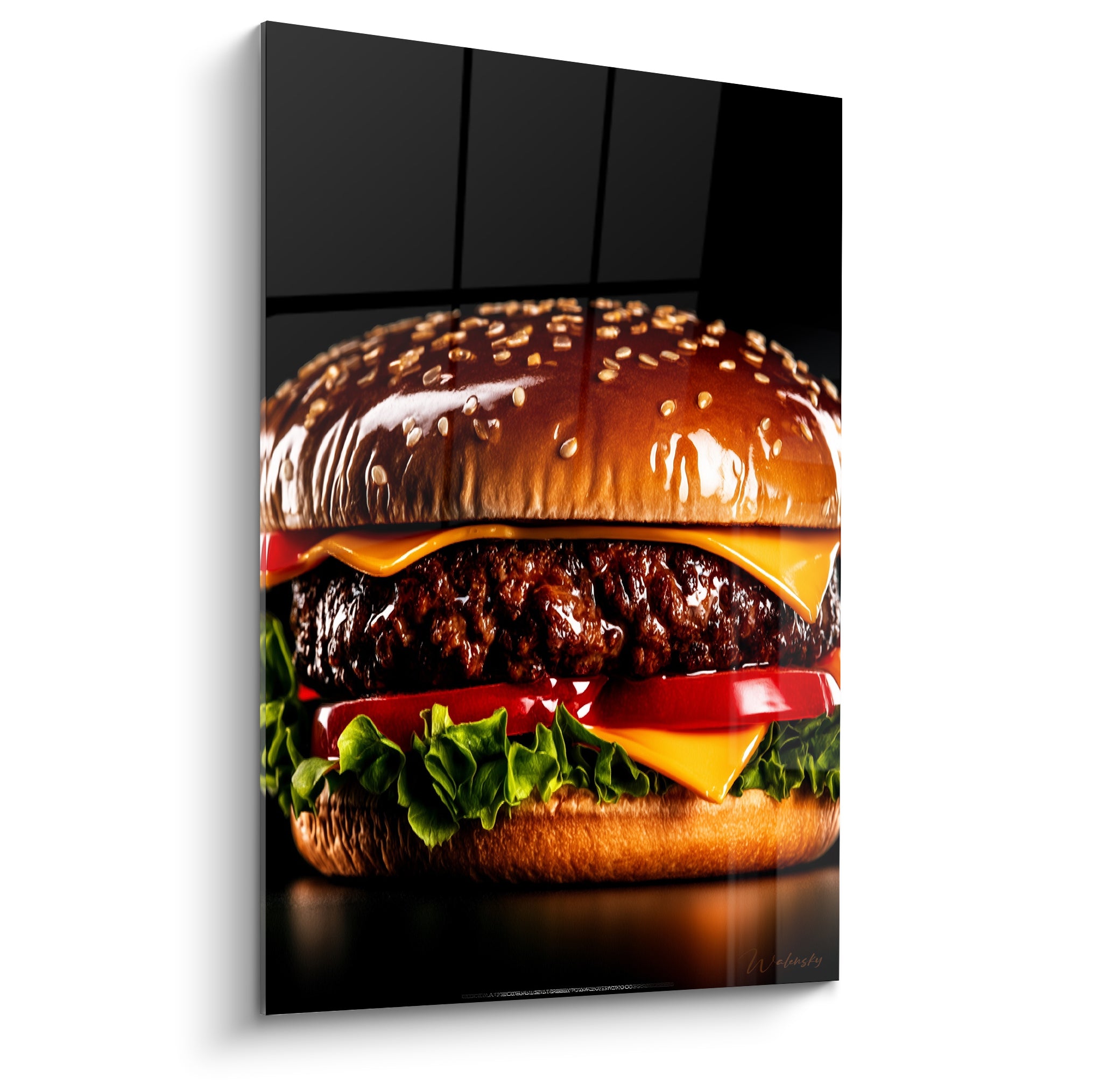 Burger doré au pain brioché sésame, fromage fondu et tomate rouge sur fond anthracite intense