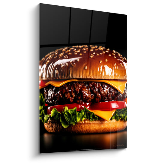 Cuadro Cheeseburger dorado y rojo con carne a la parrilla - Fondo negro azulejado - Edición Burger