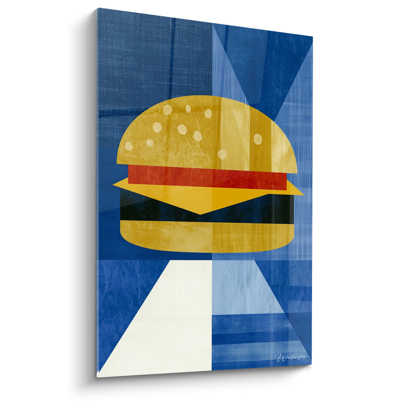 Tableau Cheeseburger doré et bleu aux triangles géométriques - Fond quadrillé bicolore - Edition Burger