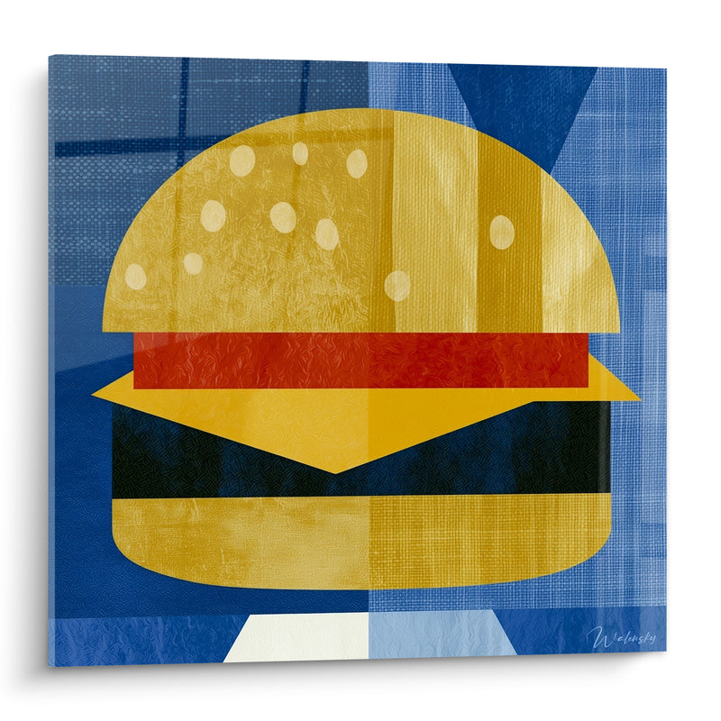 Tableau Burger jaune et bleu au fromage triangulaire géométrique - Formes textiles patchwork - Edition Burger