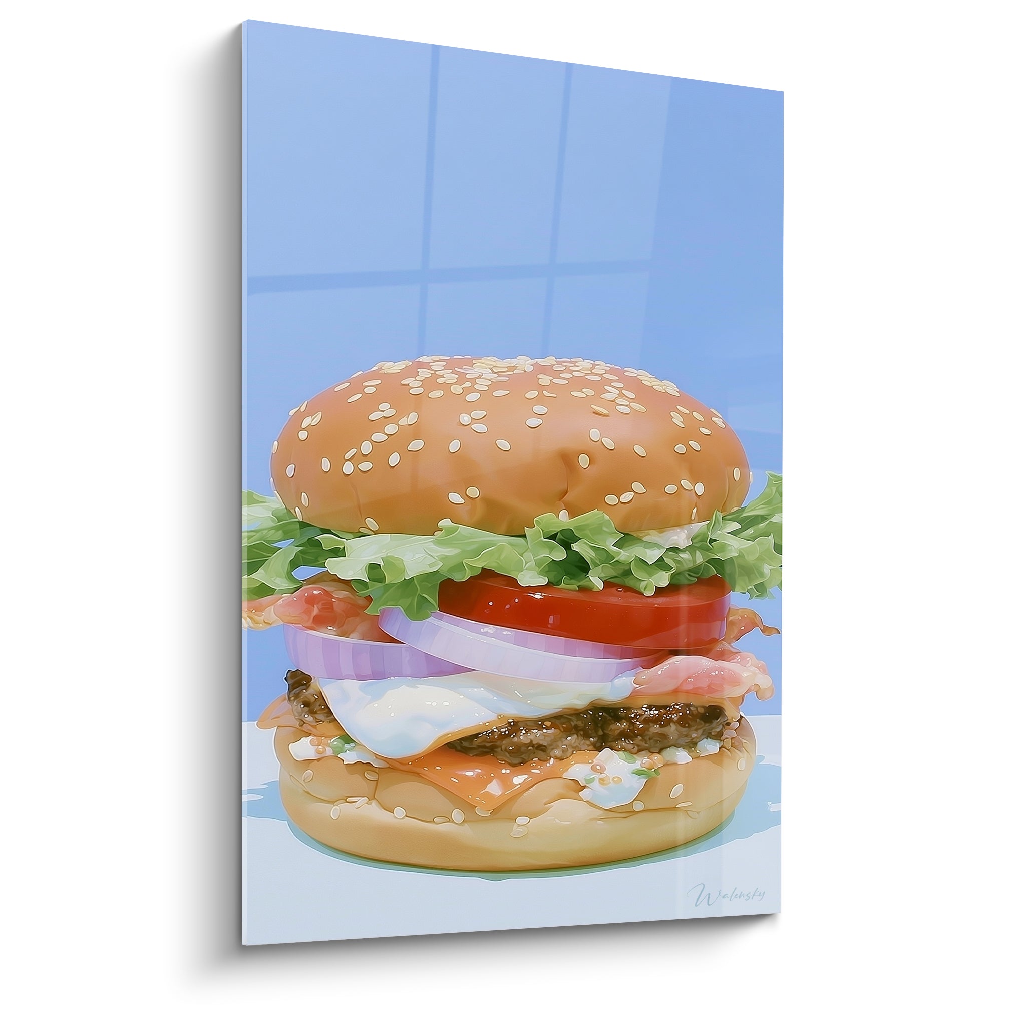 Burger doré aux couleurs rouge et vert vif, garniture généreuse sur fond bleu pastel lumineux