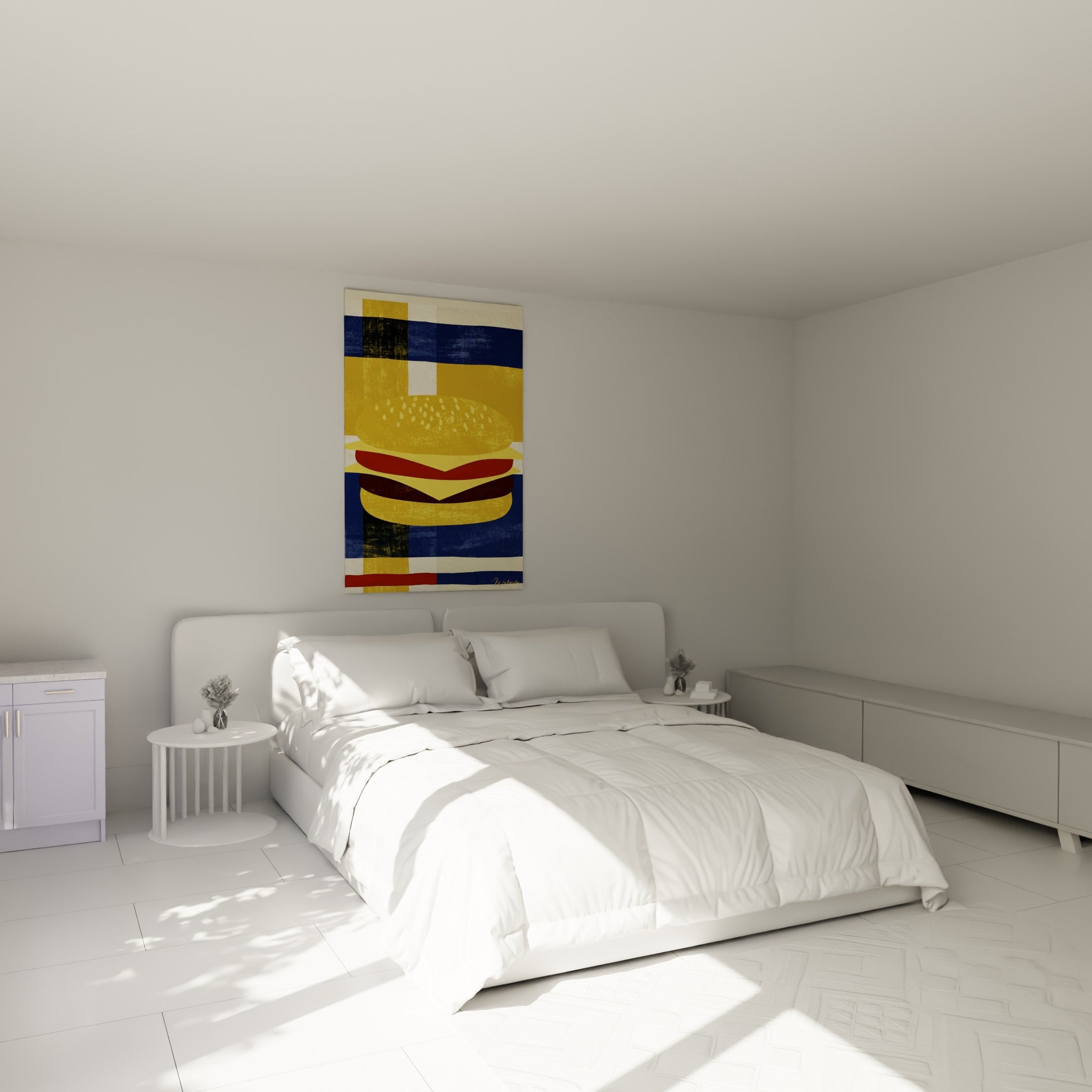 Burger jaune moutarde et bleu marine accroché au-dessus d'un lit dans une chambre claire