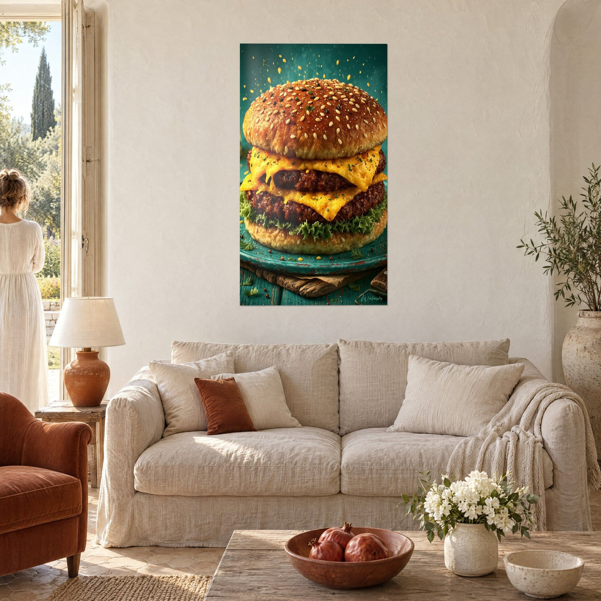 Obraz podwójny burger z dwoma wołowymi kotletami pod roztopionym cheddarem, bursztynową bułką brioche i zieloną sałatą, nad sofą w jasnym salonie