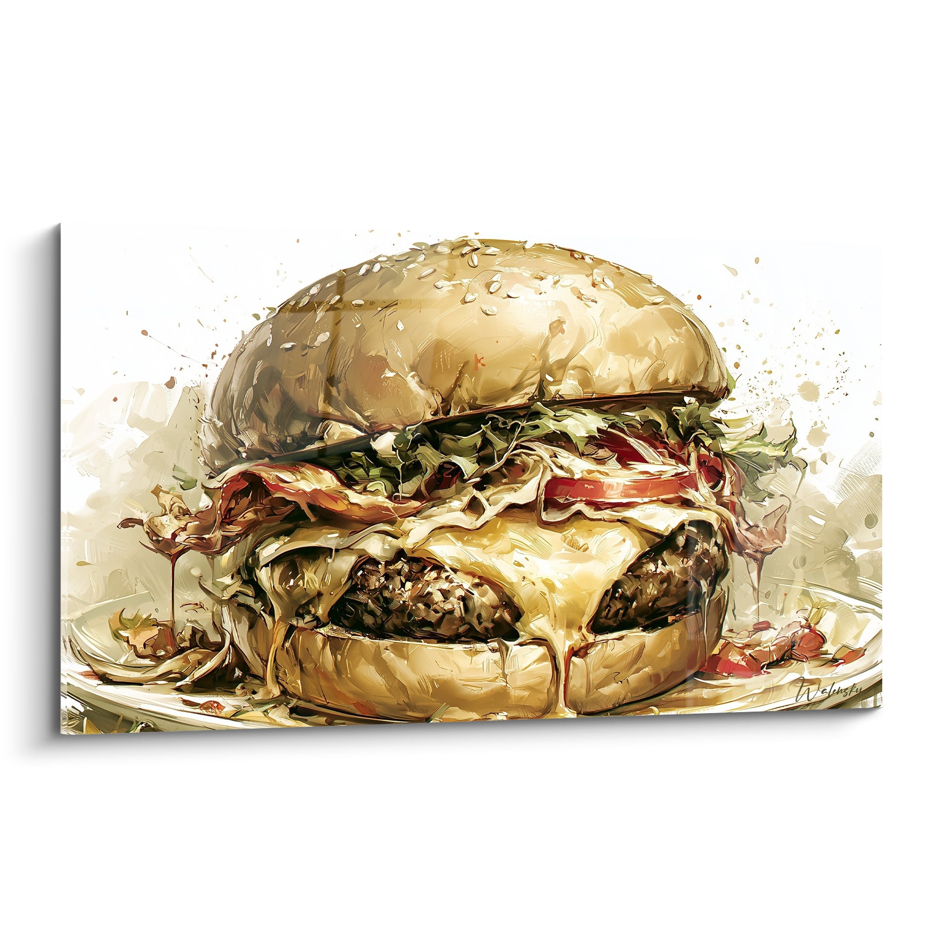 Burger doré aux couches fondantes, fromage coulant et tomate rouge peints en gros traits expressifs