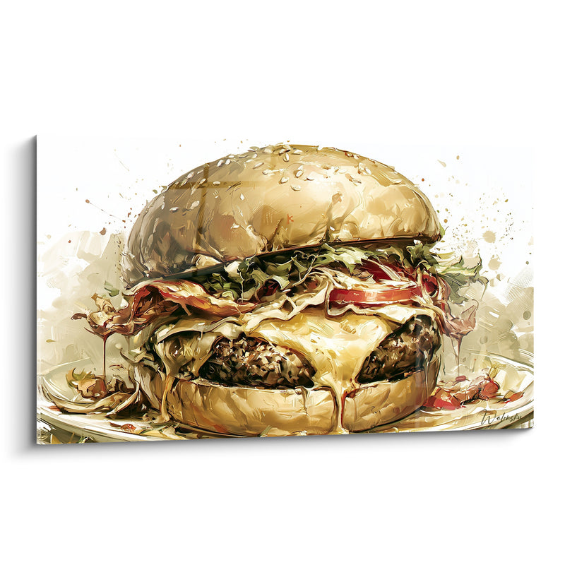 Tableau Cheeseburger doré et brun au fromage dégoulinant - Assiette blanche ovale - Edition Burger