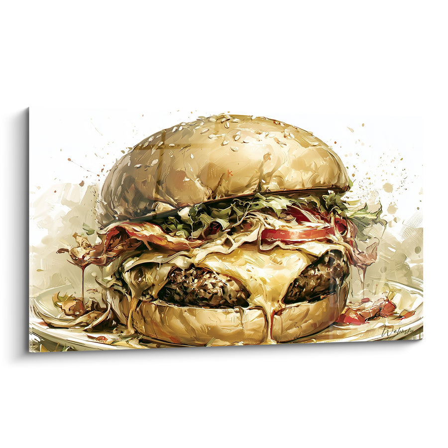 Tableau Cheeseburger doré et brun au fromage dégoulinant - Assiette blanche ovale - Edition Burger