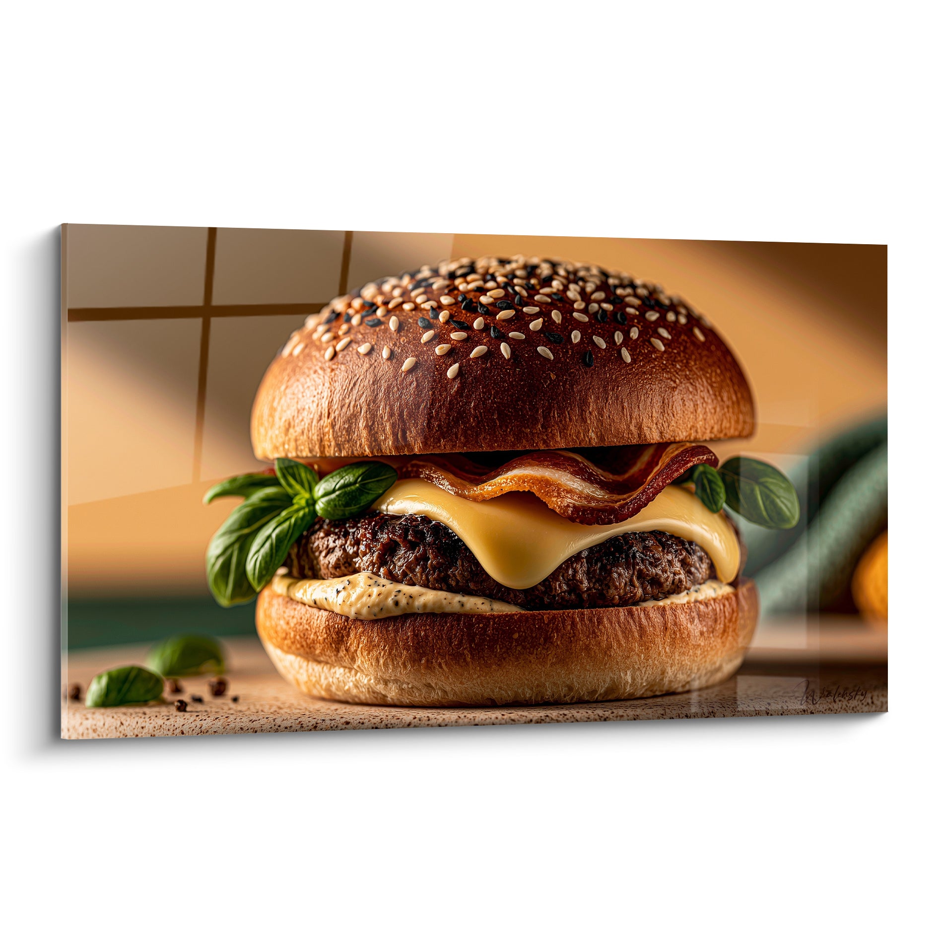 Burger doré aux tons bruns et fromage fondant, viande grillée entre pains sésame croustillants