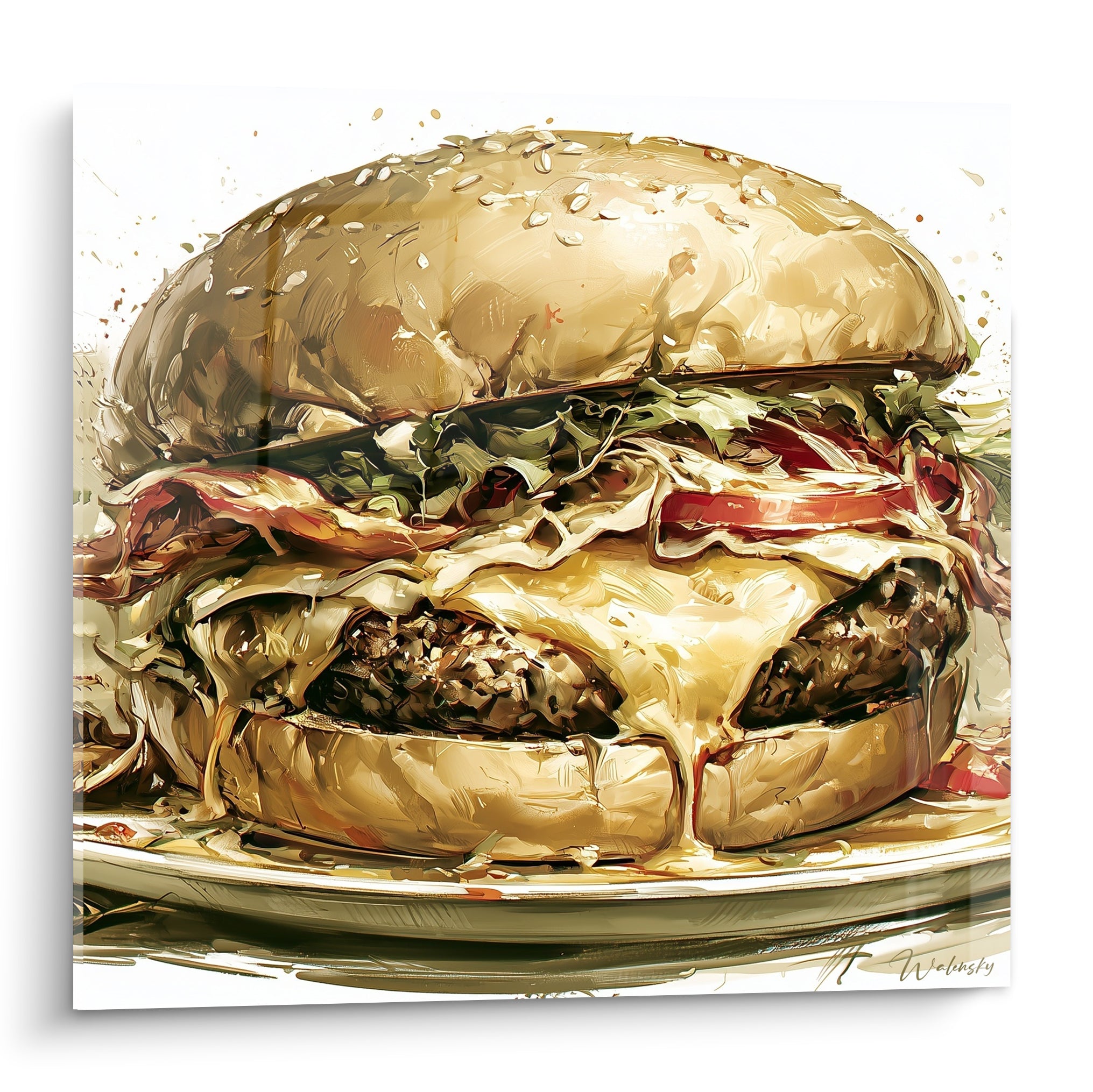 Burger géant au pain sésame doré, fromage fondu jaune et viande grillée brune, style pictural intense