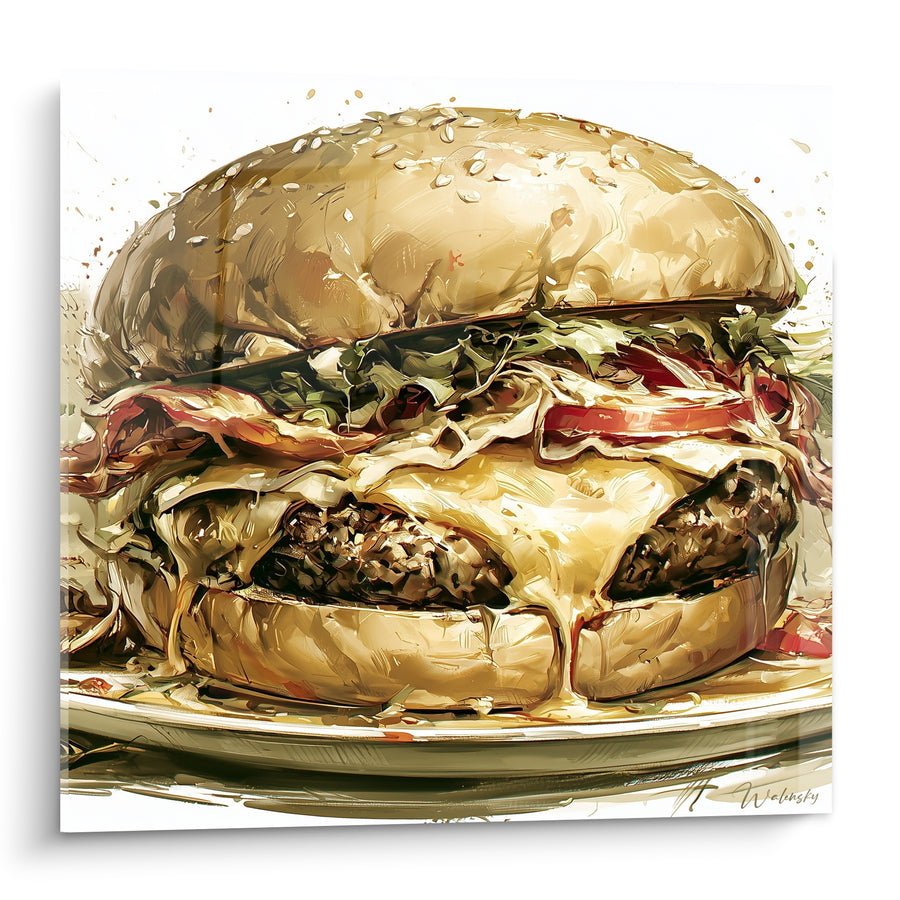 Tableau Burger doré et blanc au bacon fondant - Assiette en porcelaine blanche - Edition Burger