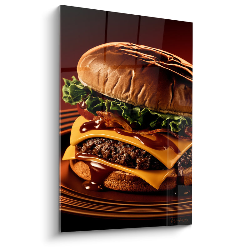 Tableau Cheeseburger doré et jaune au bacon nappé - Assiette en spirales sombres - Edition Burger