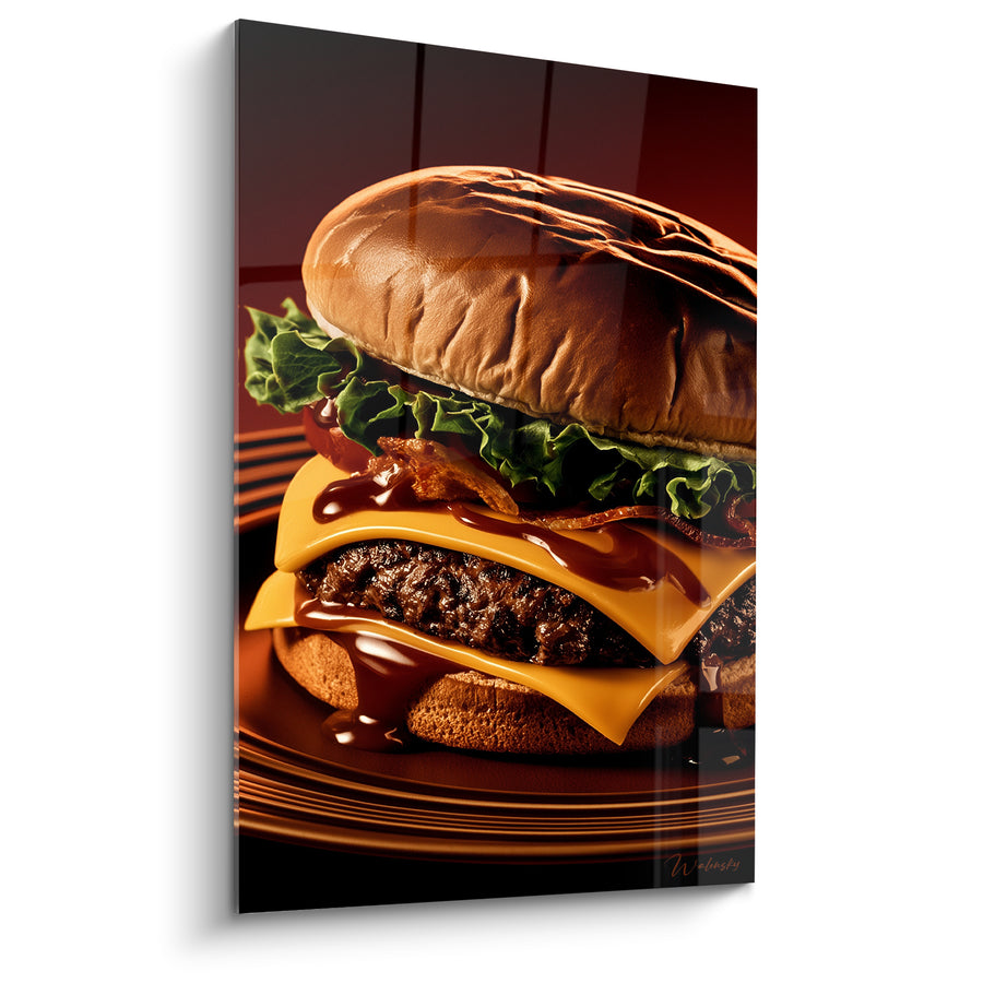 Tableau Cheeseburger doré et jaune au bacon nappé - Assiette en spirales sombres - Edition Burger