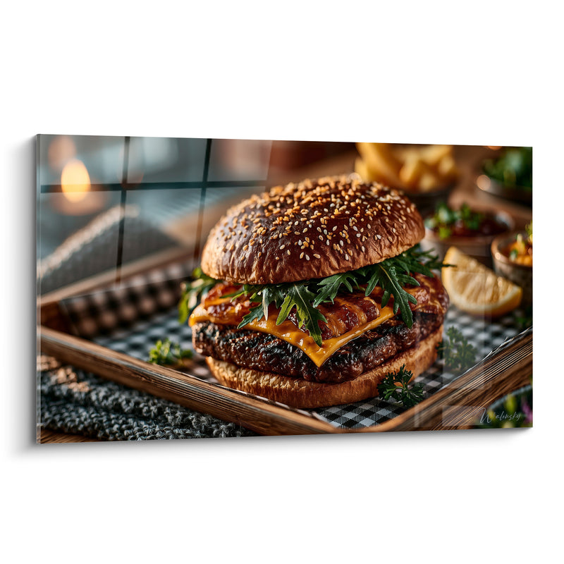 Tableau Brun et jaune au fromage fondu strié - Plateau à carreaux noirs - Edition Burger