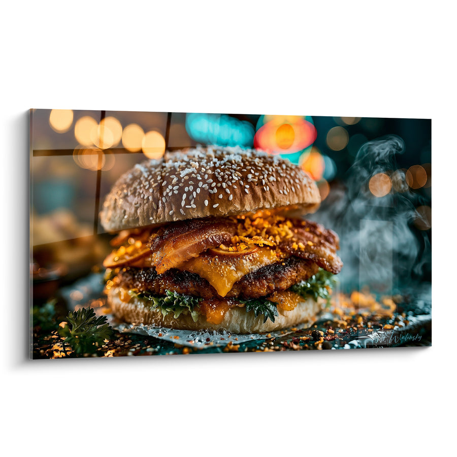 Tableau Burger doré fumant au bacon croustillant - Faim nocturne - Edition Burger