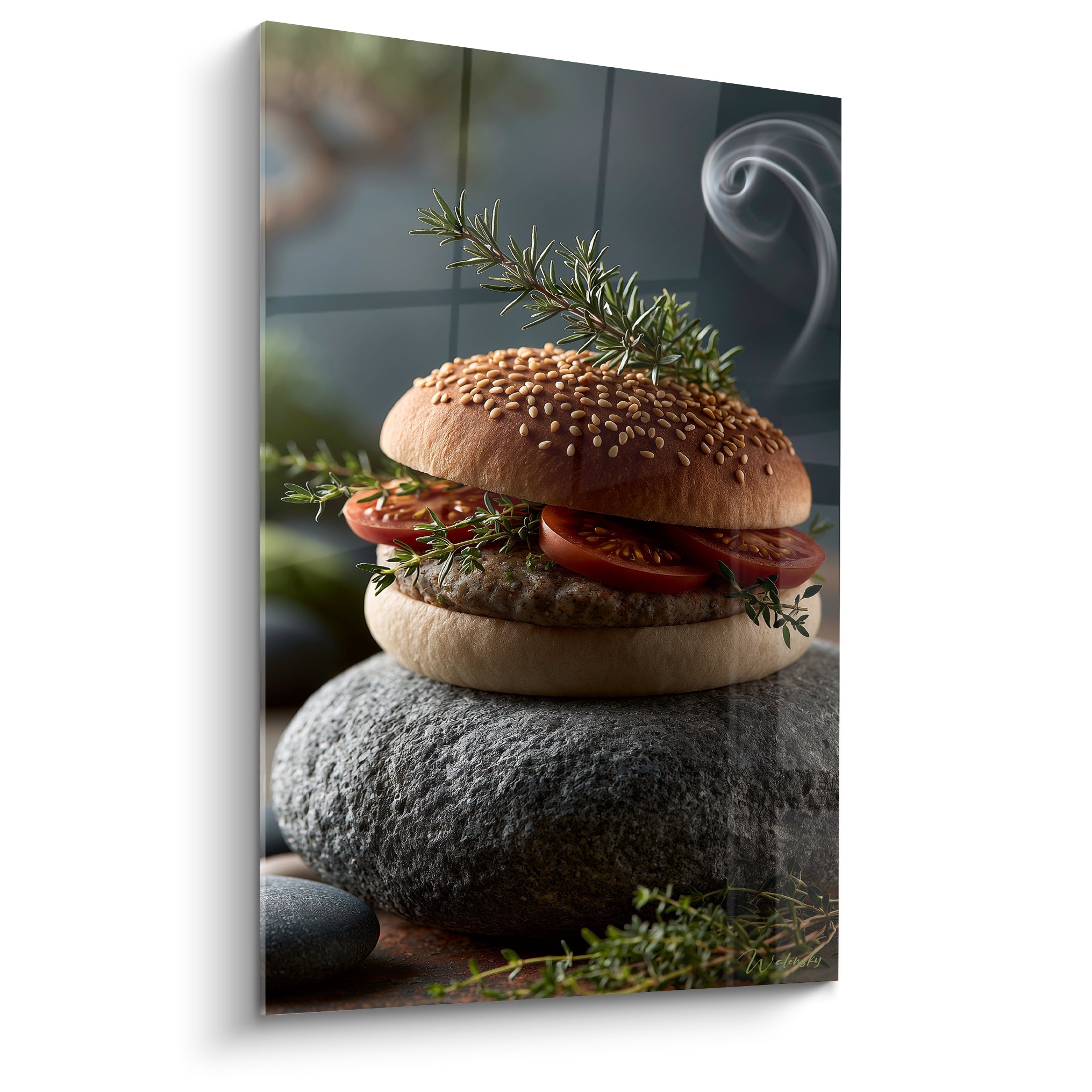 Burger doré au sésame et tomate rouge posé sur un galet anthracite texturé