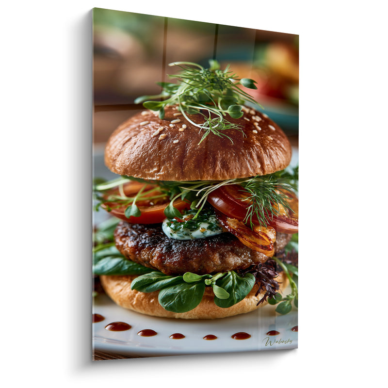 Tableau Burger doré et vert aux pousses de mâche - Sauce blanche persillée - Edition Burger