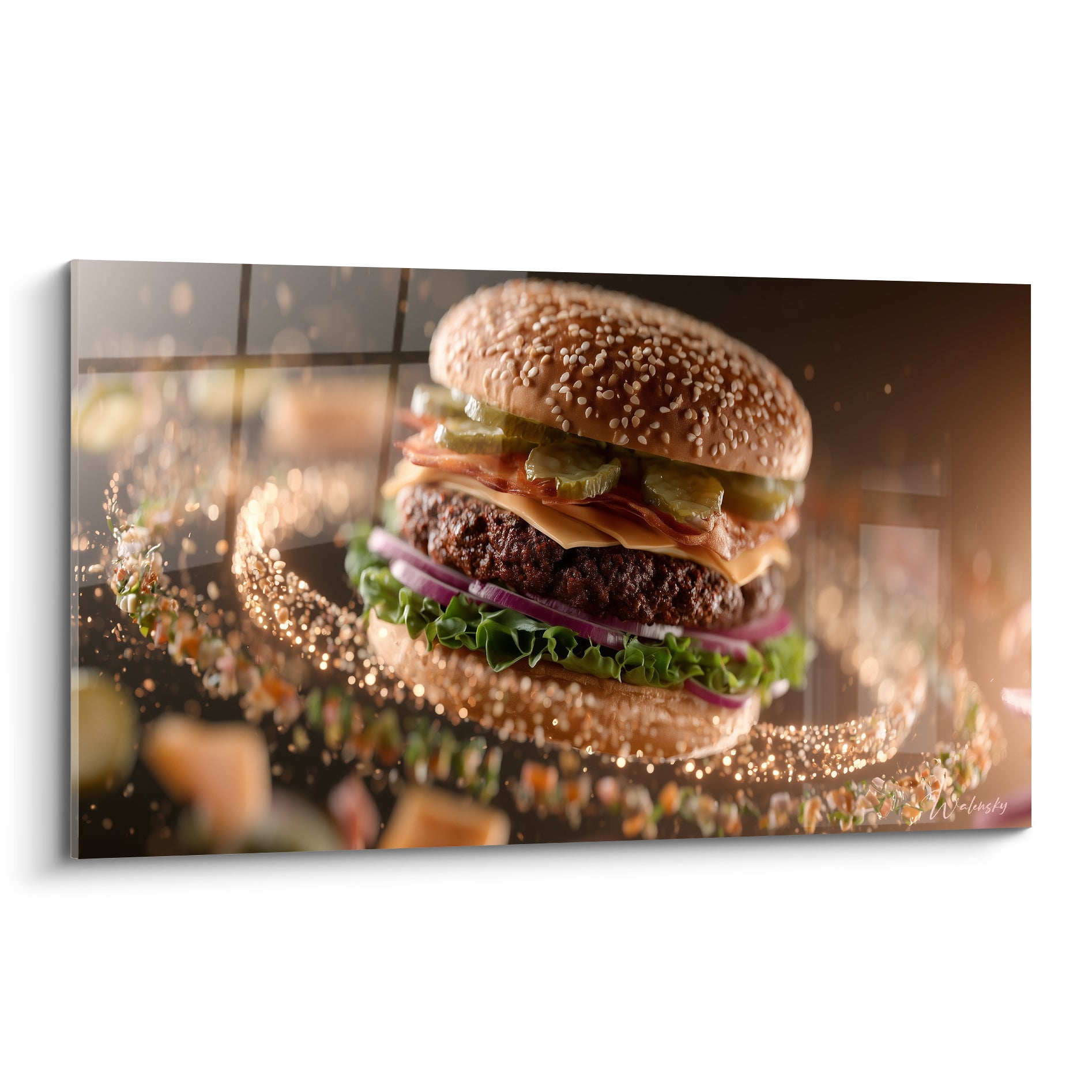 Burger doré aux ingrédients suspendus, viande grillée et oignon rouge sur fond anthracite lumineux