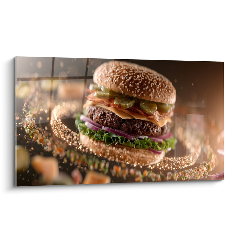 Tableau Doré et vert aux cornichons suspendus en tourbillon - Anneau de particules scintillantes - Edition Burger