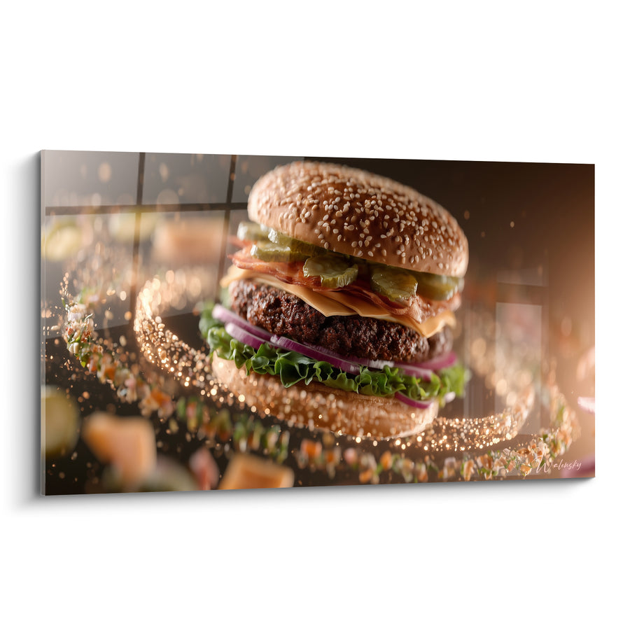 Tableau Doré et vert aux cornichons suspendus en tourbillon - Anneau de particules scintillantes - Edition Burger