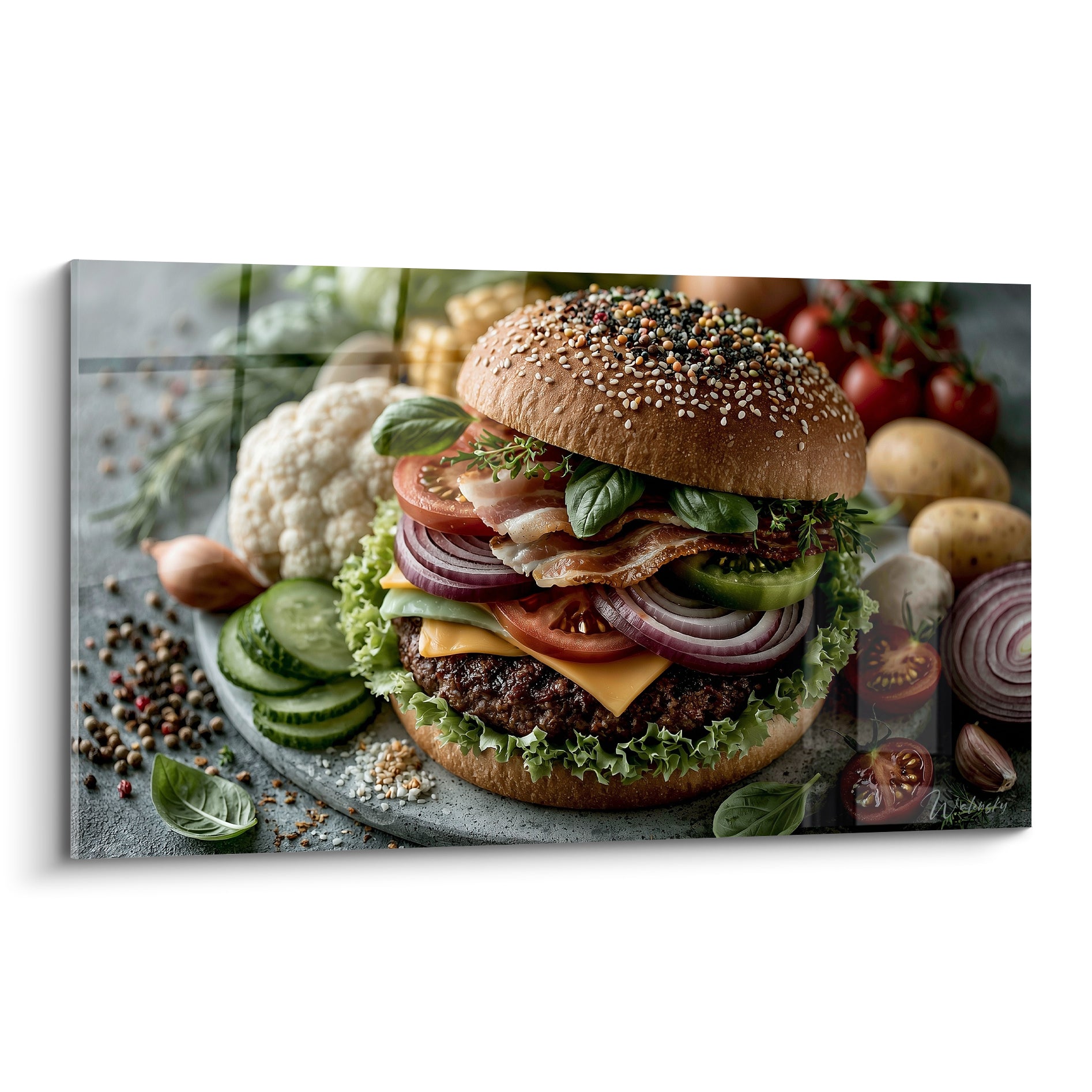 Burger doré empilé de bacon, tomate rouge et oignon violet sur plan de pierre grise