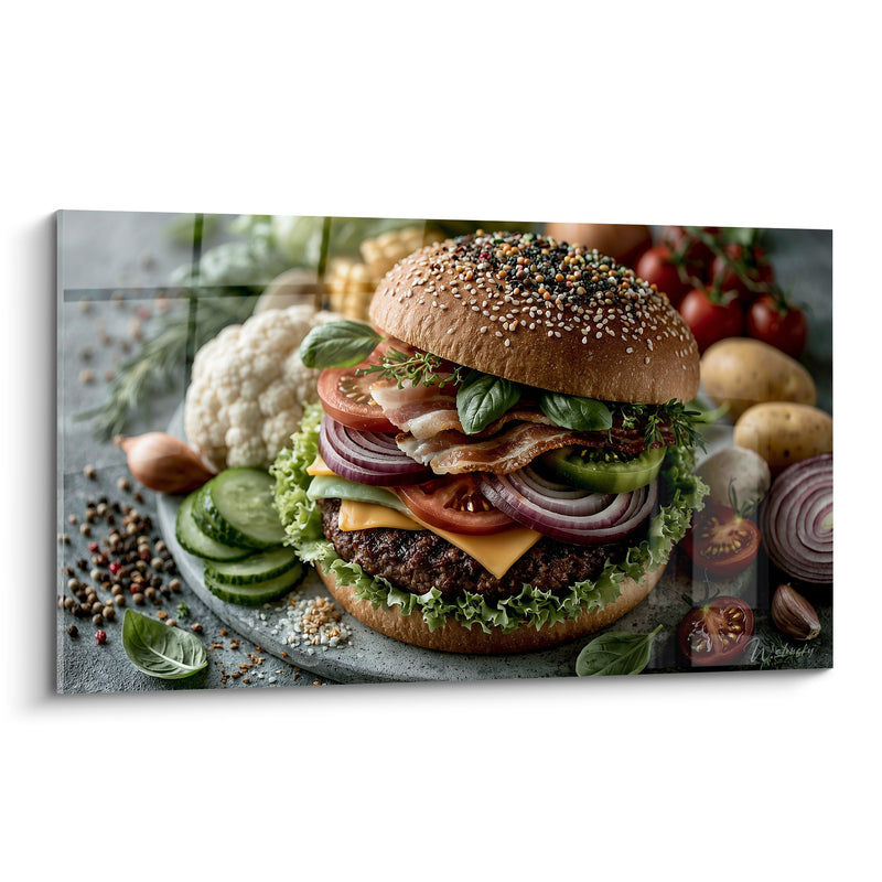 Tableau Doré et brun aux graines multicolores parsemées - Chou-fleur et poivrons entiers - Edition Burger