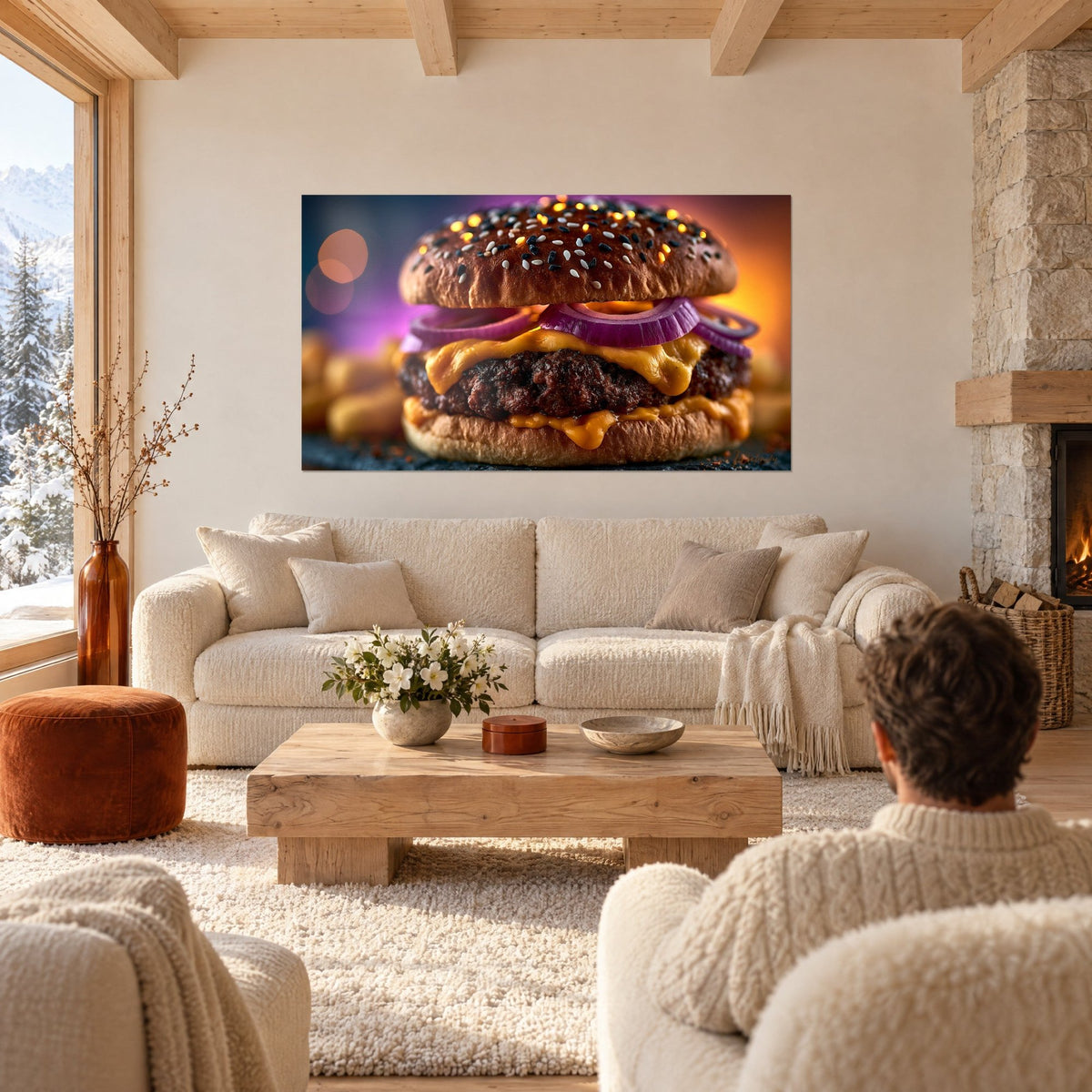 Quadro cheeseburger gourmet, cheddar arancione filante su una bistecca, cipolle viola, coppia di spalle sopra un divano in un soggiorno luminoso