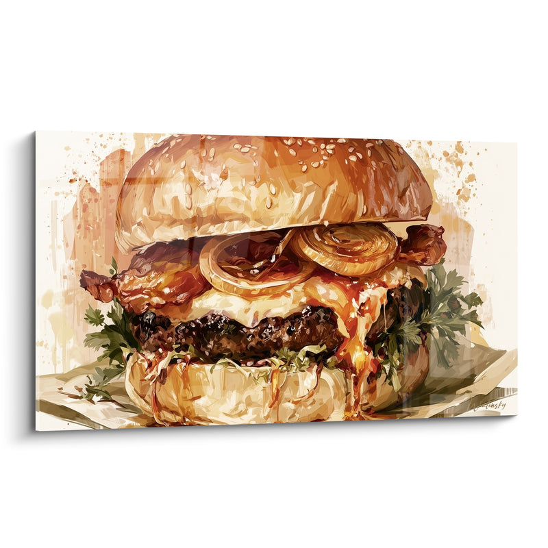 Tableau Burger doré et brun aux oignons frits caramélisés - Papier kraft froissé - Edition Burger