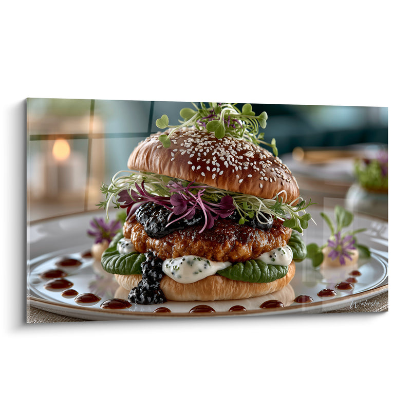 Tableau Pain doré et noir aux pousses violettes délicates - Gouttes de sauce cerclées - Edition Burger
