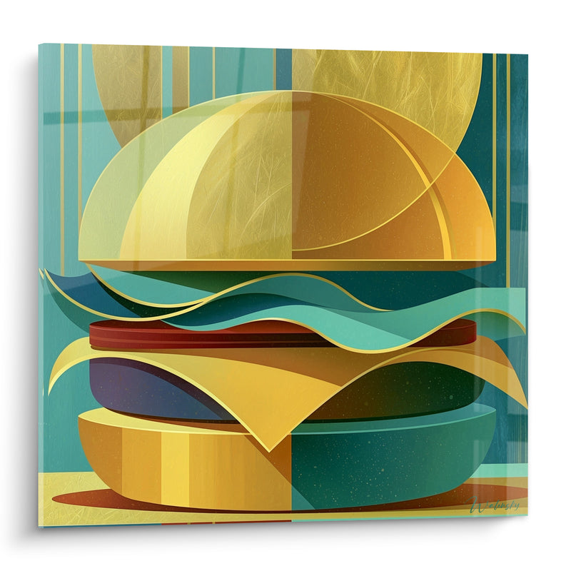 Tableau Burger doré aux courbes sarcelle - Éclat graphique gourmand - Edition Burger