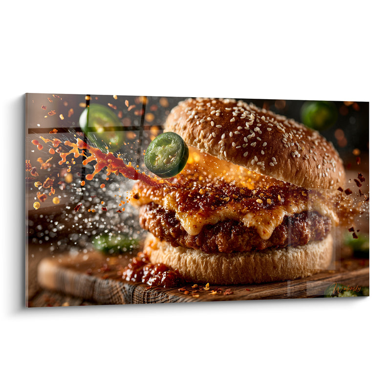 Tableau Burger doré et rouge aux rondelles de piment jalapeño - Sauce épicée en éclaboussure - Edition Burger
