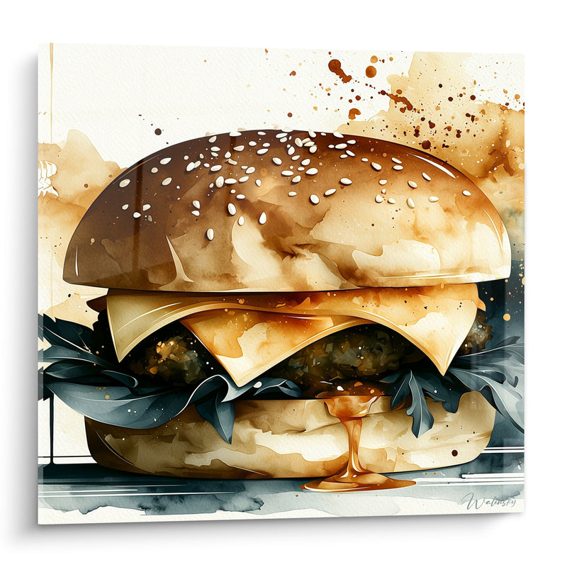 Tableau Burger doré et bleu au fromage fondant dégoulinant - Éclaboussures aquarelle brunes - Edition Burger